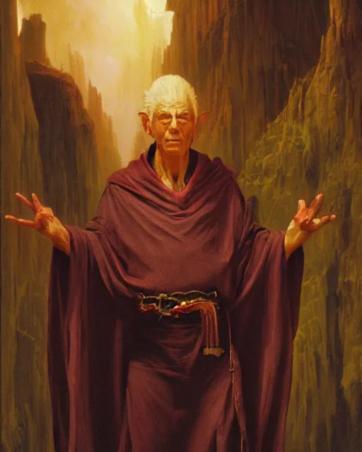 Image similar to A lawful good dnd wizard, he wears robes. Award winning oil painting by Thomas Cole and Wayne Barlowe. Highly detailed