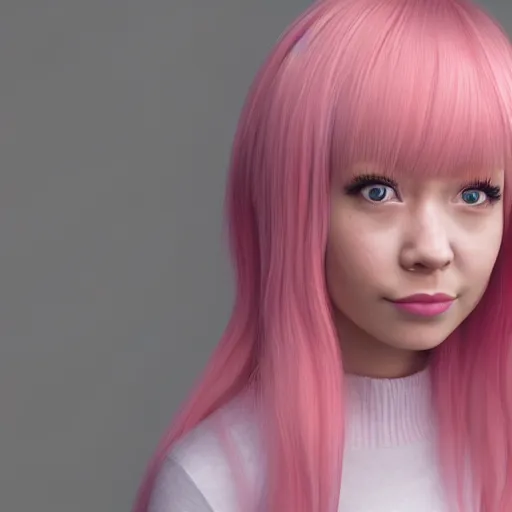 Image similar to A portrait of Nikki from Shining Nikki and Love, a cute 3d cgi toon young woman with long light pink hair, full bangs, hazel eyes, full face, light makeup, pale skin, Chinese heritage, cute outfit, medium shot, mid-shot, hyperdetailed, 8k, trending on artstation, as a Pixar character