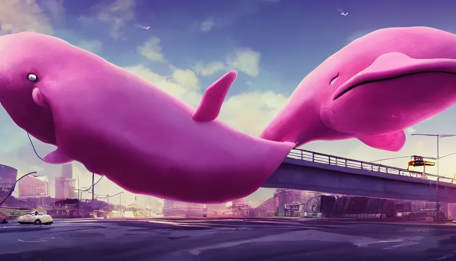 Image similar to a giant pink whale falling out of a blue sky onto cars on a busy bridge, cinematic lighting, artstation, establishing shot, wow