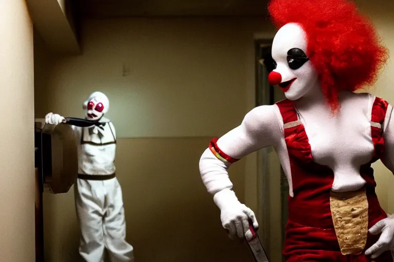 Prompt: cute clown cosplayer holding knife in porcelain hallway, in 2 0 5 5, y 2 k cybercore, low - light photography, bathed in the glow of a crt monitor, still from a ridley scott movie