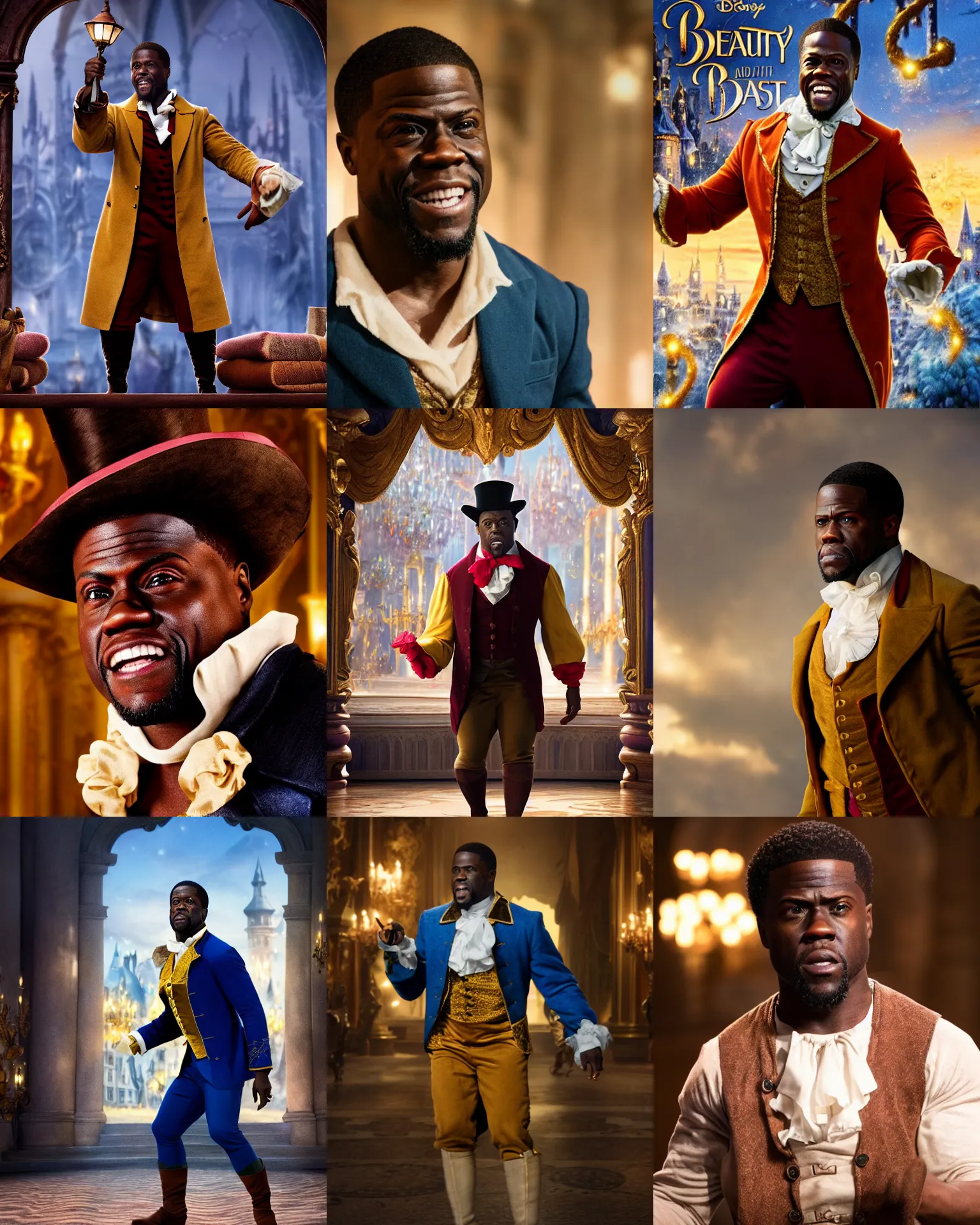 Prompt: kevin hart as lefou from beauty and the beast, dynamic lighting, realistic, 8 k hdr