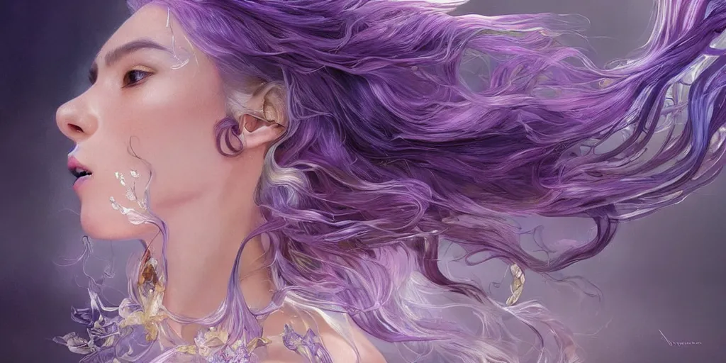 Image similar to wide angle, opalescent purple panther, metallic silver and ice color reflected crystal hair, leaping from babaob tree, fantasy, intricate, very beautiful, elegant, golden light, highly detailed, digital painting, artstation, concept art, smooth, sharp focus, unreal engine, art by wlop and tian zi and alphonse mucha