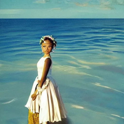 Image similar to The computer art depicts a young girl in a traditional hula outfit. She is standing on a surfboard in front of a beautiful ocean landscape. midday by Tim Walker, by Ed Emshwiller organic