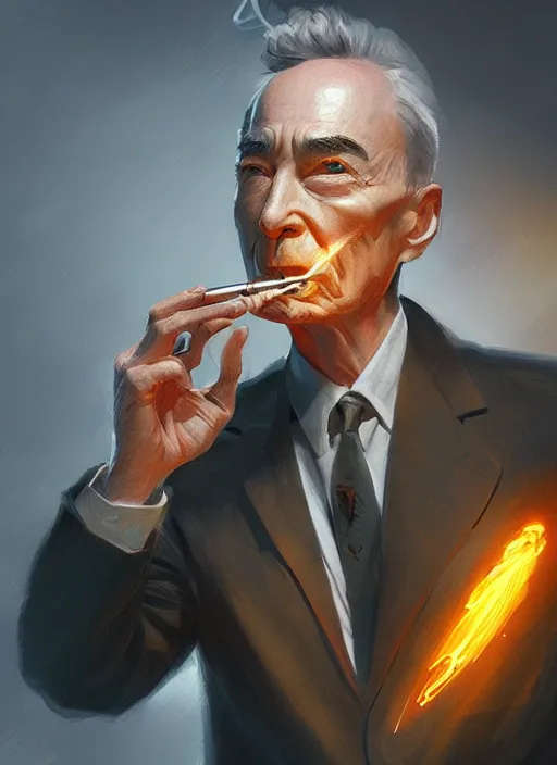 Image similar to a highly detailed illustration of j. r oppenheimer smoking a glowing nuclear cigarette, dramatic pose, intricate, elegant, highly detailed, centered, digital painting, artstation, concept art, smooth, sharp focus, league of legends concept art, wlop.