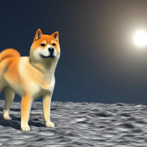 Image similar to a shiba inu dog on the surface of the moon, 3 d render, dramatic, photorealistic