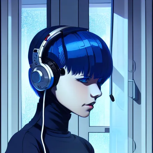 Image similar to cyborg - girl with silver hair, wearing headphones, and sitting on a window sill, highly detailed, painting, dark blue and black color palette, intricate, high quality anime artstyle, in the style of ilya kuvshinov