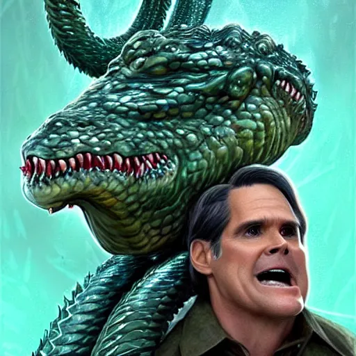 Image similar to hydra of lerna with two heads, one head is jim carey as lloyd christmas, the other head is jeff daniels as harry dunne ( from dumb and dumber ), serpentine water monster, d & d, fantasy, portrait, highly detailed, digital painting, trending on artstation, concept art, sharp focus, illustration, art by artgerm and craig mullins