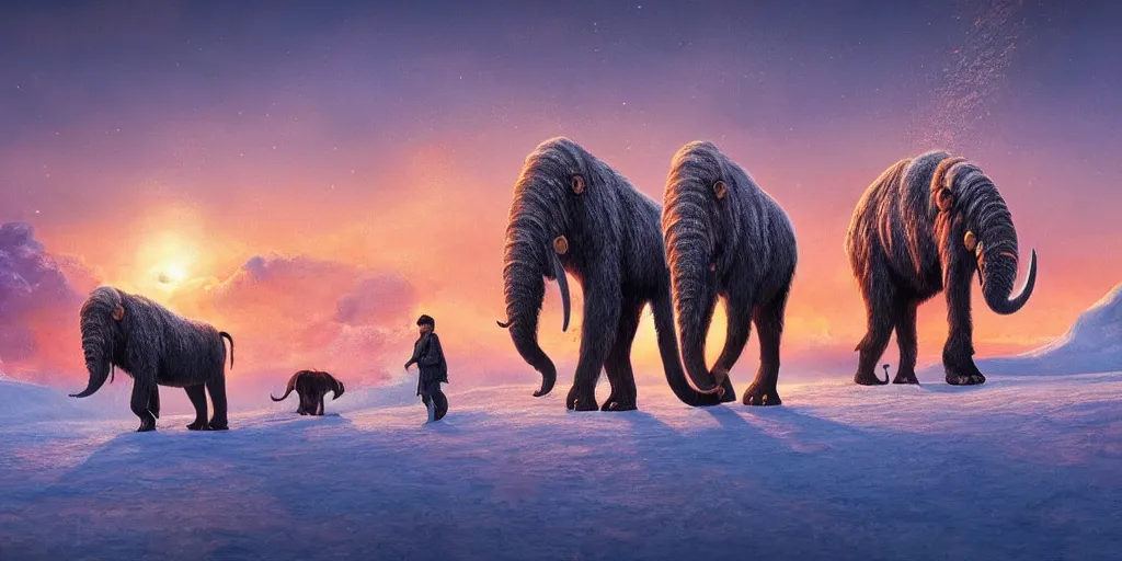 Image similar to digital art, trending on artstation, sunset at the north pole with some mammoths in the background walking while a meteorite falls