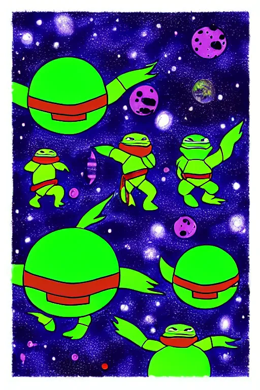 Image similar to the ninja turtles floating in deep space with a beautiful galaxy behind them