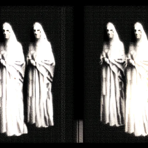 Image similar to vhs static overlay of marian apparition, vhs, 1 9 9 0, highly realistic, highly detailed, vhs noise static, black and white, vhs glitch