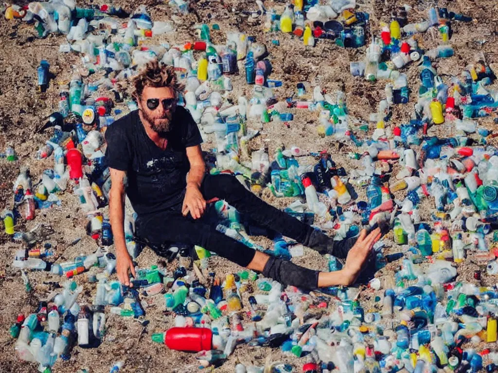 Prompt: jovanotti alone surrounded by plastic bottles and garbage on a beach near the adriatic sea, pollution, polaroid color photo, ultra realistic