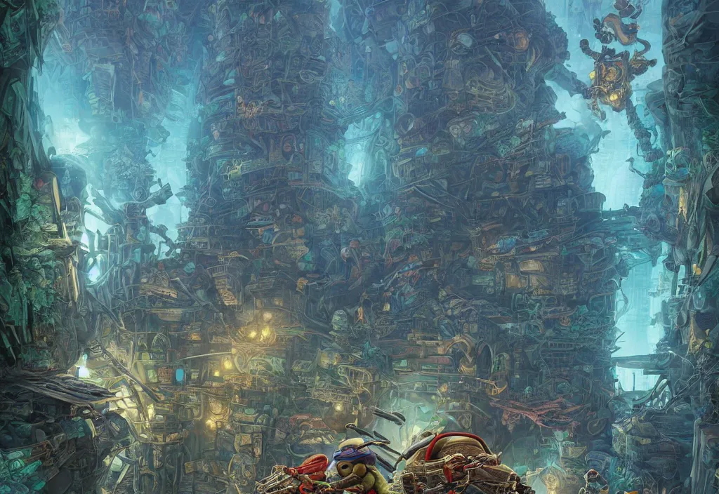 Prompt: beautiful digital fantasy illustration of the teenage mutant ninja turtles lair, poster art by victo ngai, behance contest winner, vanitas, an ultrafine detailed painting by peter mohrbacher, high detail texture, unreal engine, 8 k, photographic quality, ultra hyper realistic quality, 8 k definiton, cinematic lighting