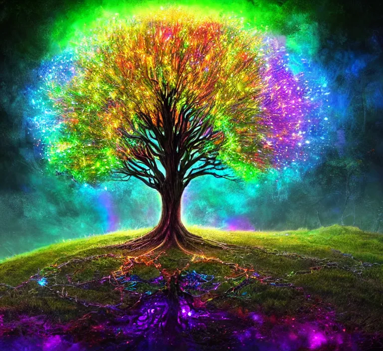 Prompt: magical chromatic glowing tree of life in a hill, centralized, ethereal, rich, fantasy, smooth, sharp focus, high detailed digital art, ultra wide shot, lush colors, in the style of greg rutkowski and hans zatzka, highly realistic, exquisite ornate metal gothic icon heavy patina, delicate, the secret of nihm