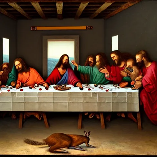 Image similar to a beautiful mixed mediart of the last supper, with jesus and his disciples replaced by various animals. the mixed mediart is set in a forest, with a deer at the head of the table and a squirrel and rabbit to either side. 4 k resolution by joel rea, by eddie mendoza offhand, a e s t h e t i c