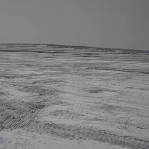 Prompt: three stacked rectangle panels. each one slowly moving through the haze at ground level, until the town of barrow is revealed. in this first panel, we are staring at a wasteland in the near distance. it's daylight but all we are looking at is a frozen tundra. anything beyond the first few feet is covered by a thin sheet of blowing snow and ice.