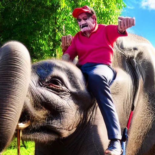 Prompt: Paul chuckle taking a selfie while riding an elephant, photorealistic, 4k