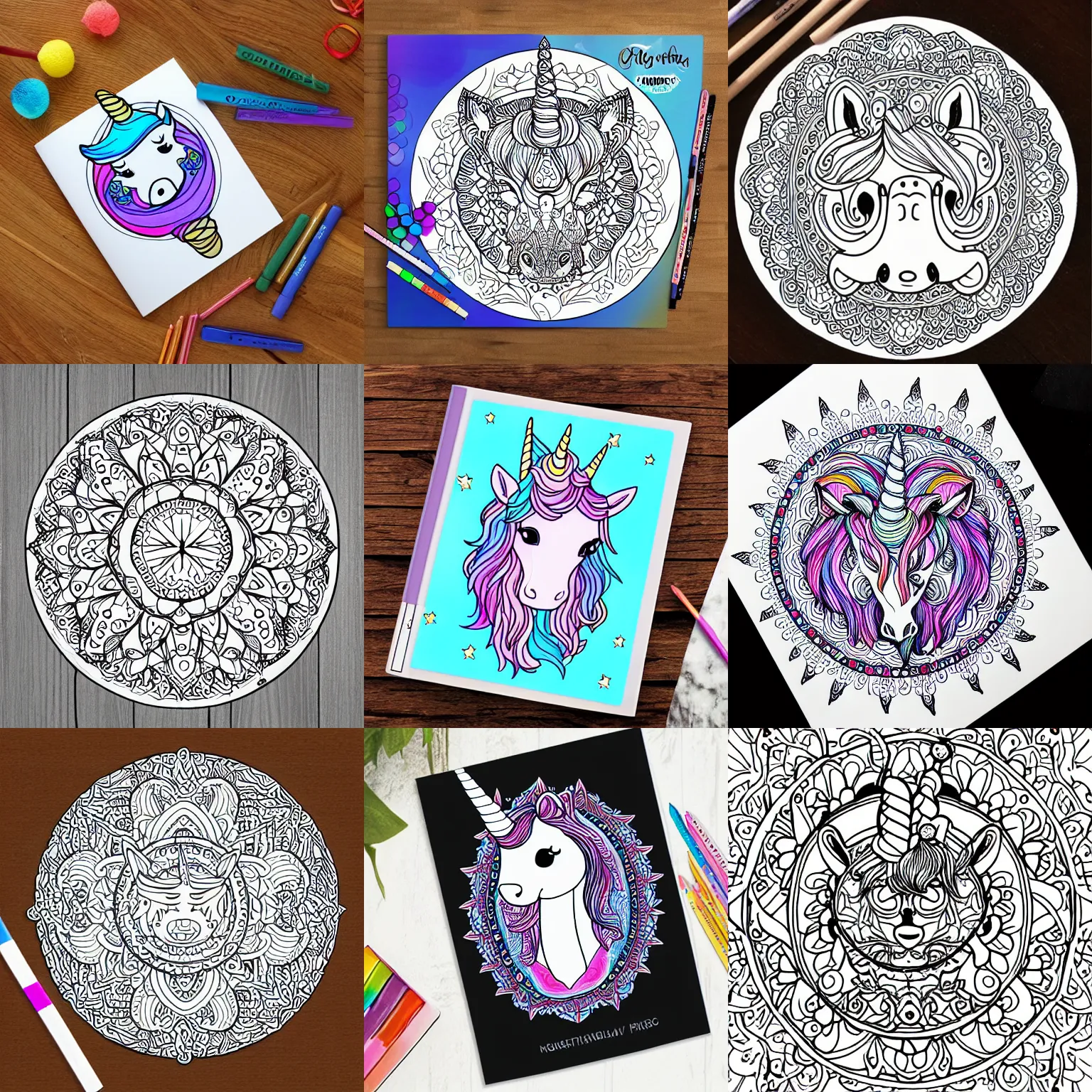 Prompt: cute unicorn sleeping mandala coloring book