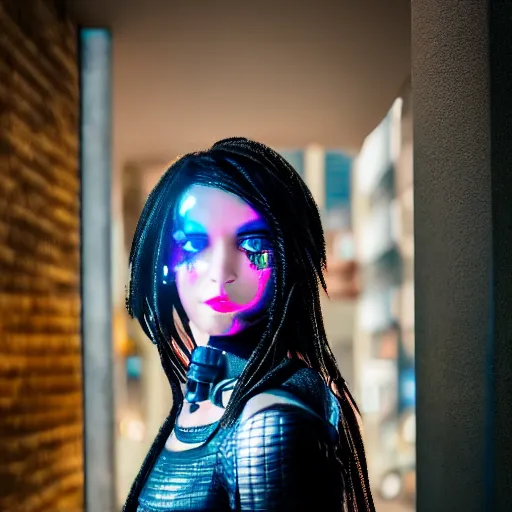 Prompt: a cyberpunk woman, canon eos r 3, f / 1. 4, iso 2 0 0, 1 / 1 6 0 s, 8 k, raw, unedited, symmetrical balance, in - frame