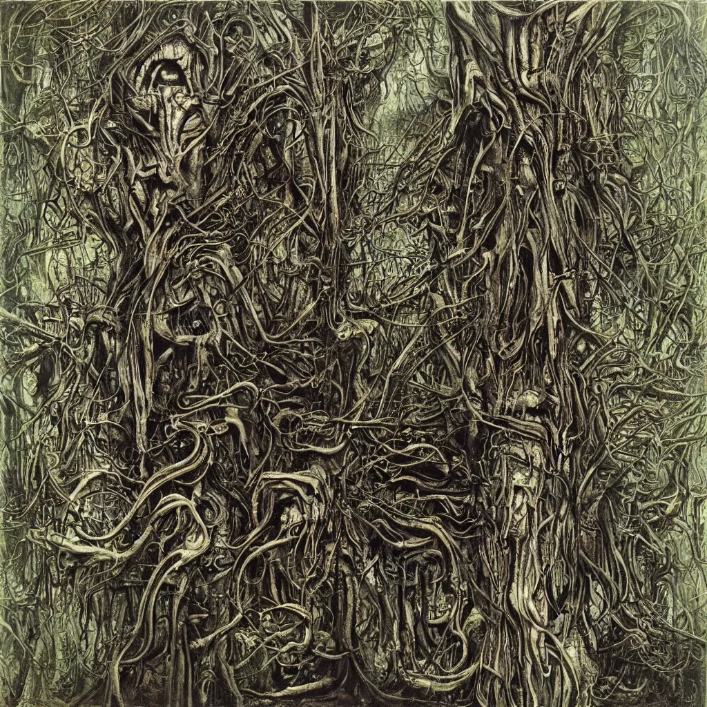 Prompt: ELECTRIC FORESTRY album cover, highly-detailed painting by H.R. Giger,