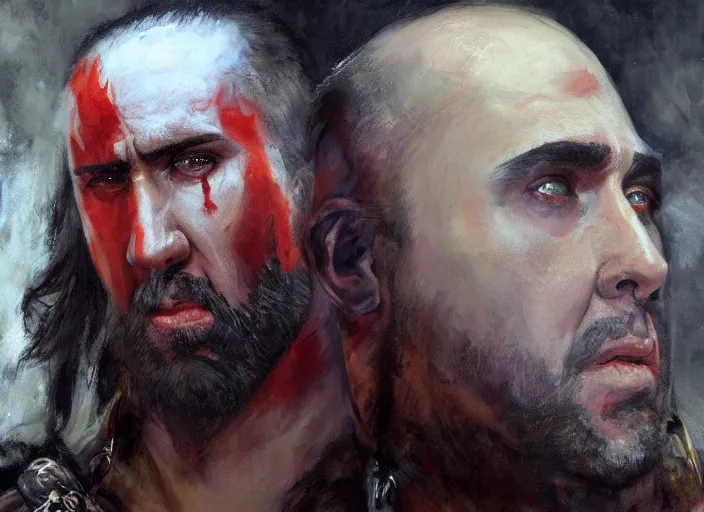 Image similar to a highly detailed beautiful portrait of nicolas cage as kratos, by gregory manchess, james gurney, james jean