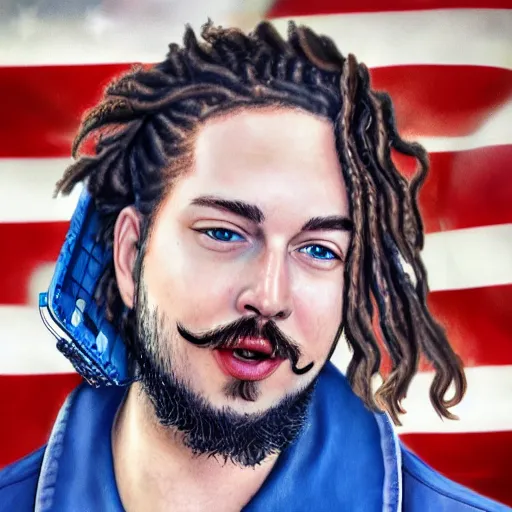 Prompt: a closeup photorealistic illustration of post malone delivering mail as american mail carrier with blue bag. fine detail. this 4 k hd image is trending on artstation, featured on behance, well - rendered, extra crisp, features intricate detail, epic composition and the style of unreal engine.