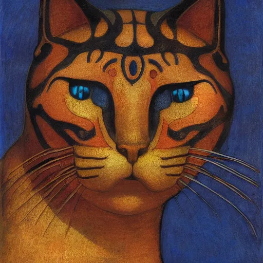 Prompt: cloisonne cat head sculpture, by annie swynnerton and diego rivera and nicholas roerich and jean delville, symbolist, dramatic lighting, god rays, art brut, rich colors, smooth, sharp focus, extremely detailed, adolf wolfli and ( donato giancola )