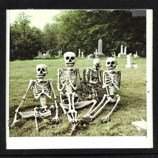 Prompt: old polaroid of a skeleton family doing a picnic in the cemetery