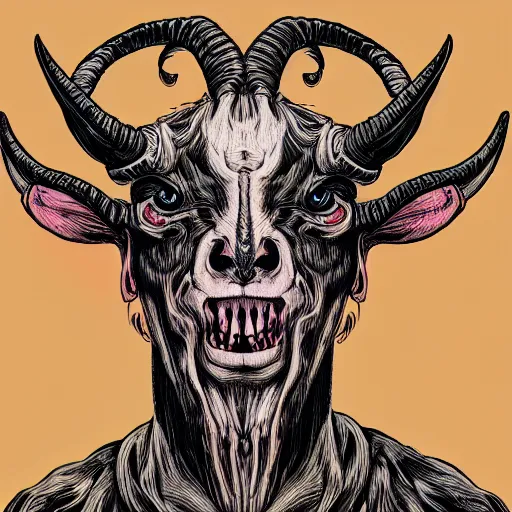 Image similar to a demon with the head of a goat, is looking at the camera, while holding a human head, whose eyes are still wide. symmetrical anatomy, very detailed design, complexity of the image, with pop punk style, colorful.
