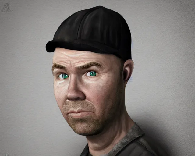 Image similar to karl pilkington, character art, by various concept artists, redshift render, hyperrealistic face, photorealistic render