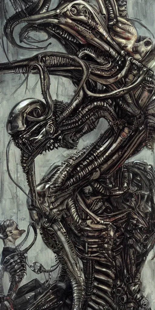 Image similar to oil painting scene from Alien 2 movie Giger art by kim jung gi