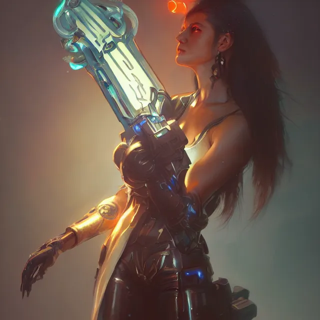 Prompt: detailed portrait of a cyberpunk female carrying glowing sword and wearing shiny armor, subsurface scattering, artistic, art by artgerm, greg rutkowski and alphonse mucha, artstation, octane render,