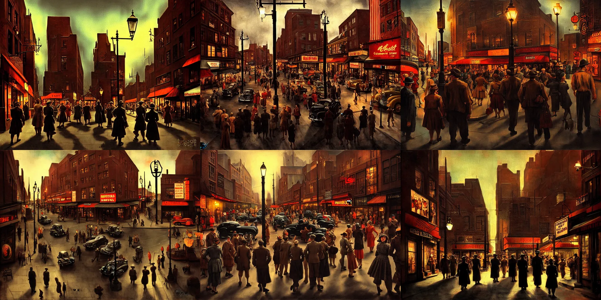 Prompt: 1 9 4 0 s street scene, digital art, cinematic, happy, good, rembrandt lighting