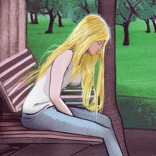 Prompt: an illustration of a young woman with long blond hair sitting on a green bench with her head in her hands, digital art, deviant art