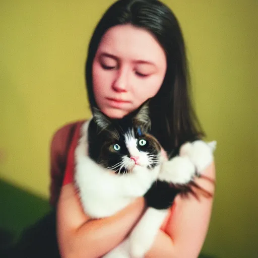 Prompt: ciri holding a cat, cinestill 800t 35mm