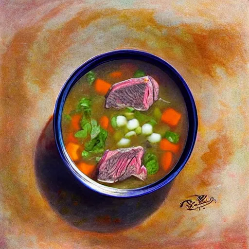 Prompt: a bowl of steak soup on a table lower corner view in the style of loish van baarle, painting, fancy, delicious