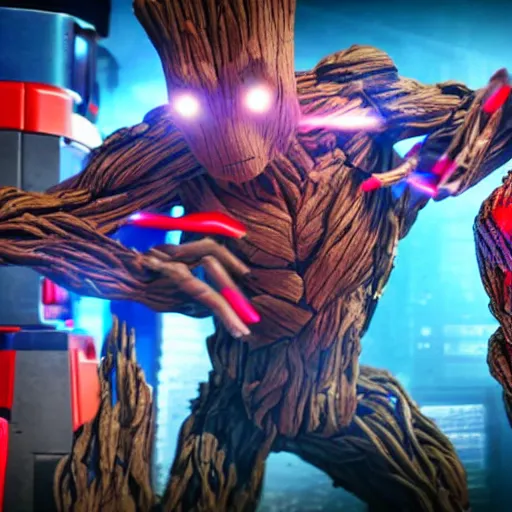 Prompt: groot and optimus prime dancing at techno party among people, wide shoot, after effect, ultra realistic 3 d