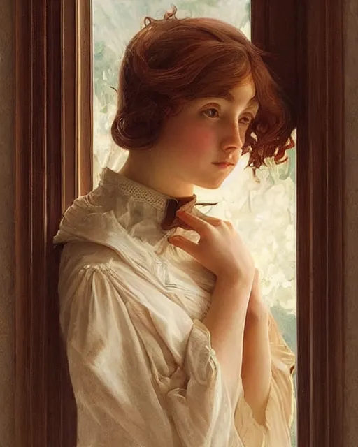 Prompt: a girl watching through a window, oil on canvas, artstation, by j. c. leyendecker and edmund blair leighton and charlie bowater, beautiful face, octane, very aesthetic!!!!!!!!!!!!!!!