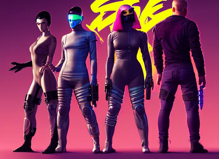 Prompt: cyberpunk ninja squad. portrait by stonehouse and mœbius and will eisner and gil elvgren and pixar. character design. realistic proportions. cyberpunk 2 0 7 7 character art, blade runner 2 0 4 9 concept art. cel shading. attractive face. thick lines. the team. diverse characters. artstationhq.