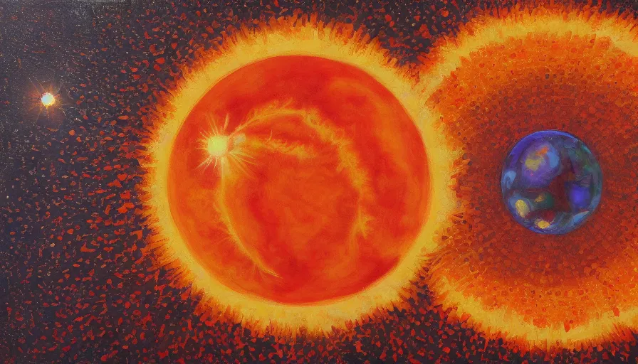 Image similar to the sun seen from earth with a hexagonal shield in between, oil painting