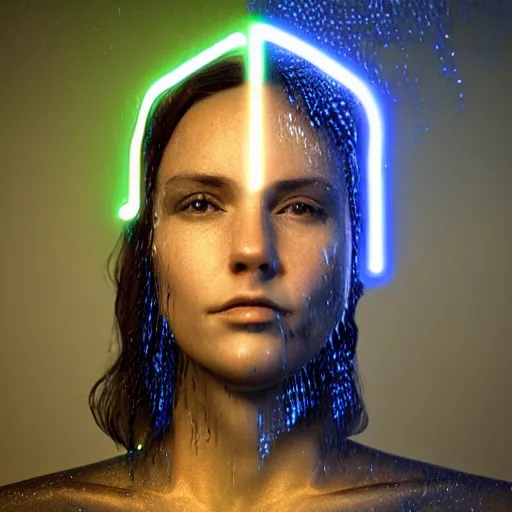 Image similar to realistic portrait made out of rain, neon, lightning, rendered in octane, unreal engine, character art