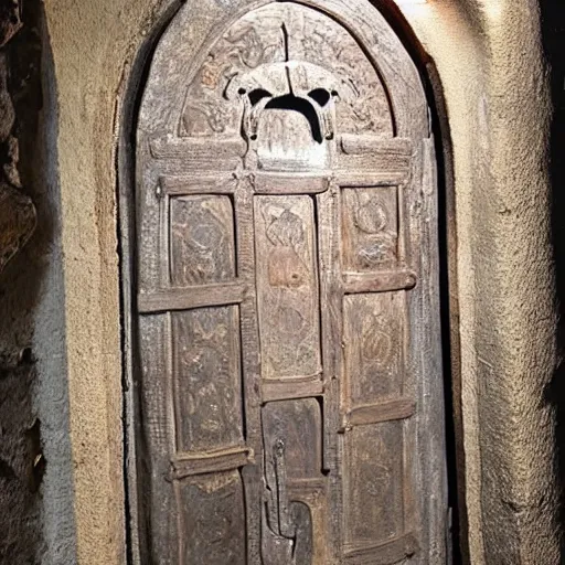 Image similar to A ajar door with a sleeping human face hangs on loops, medieval style, dramatic lighting, medieval style, dramatic lighting