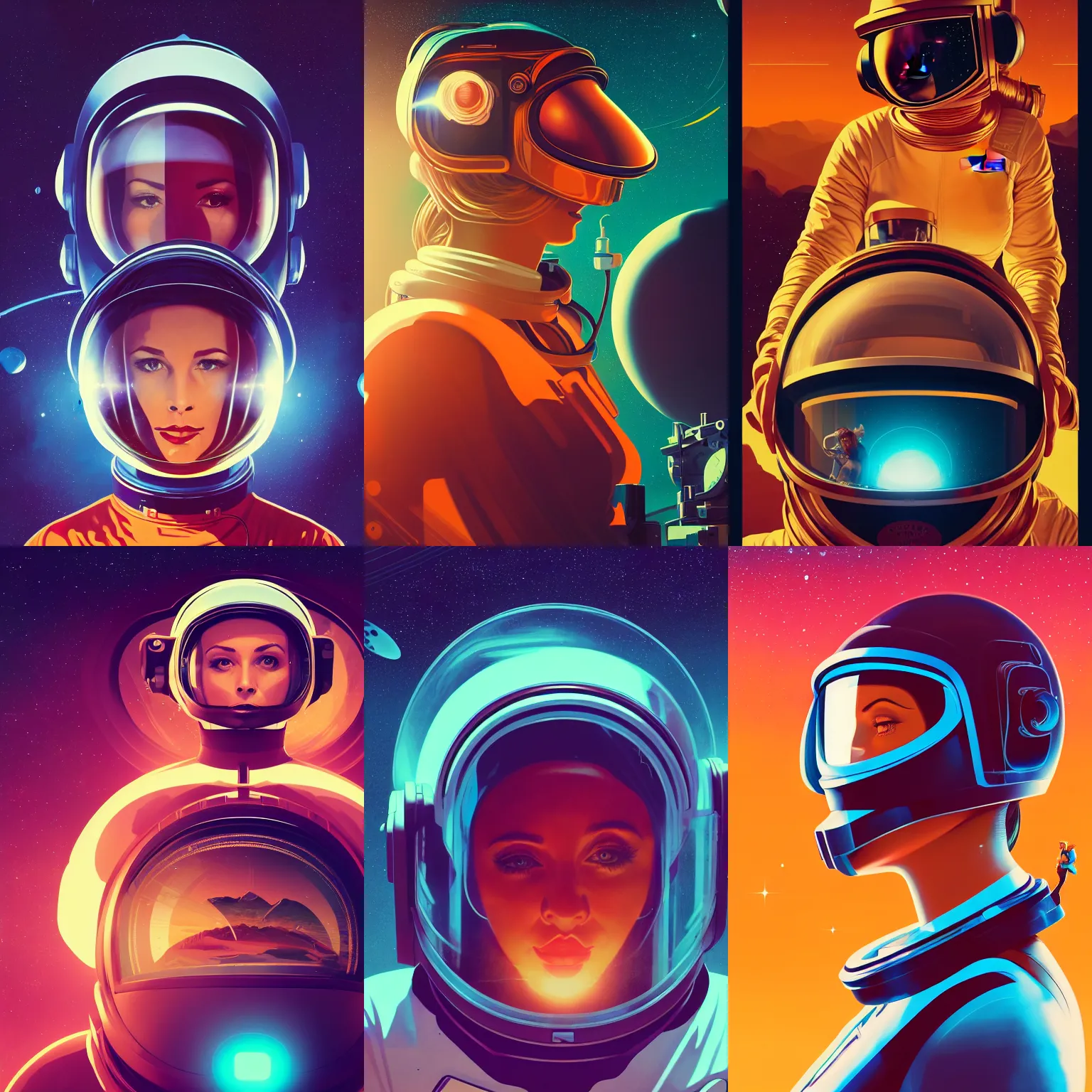 Prompt: retrofuturistic poster of woman in astronaut helmet, planet graphic art in background, close up, dan mumford, liam brazier, peter mohrbacher, xf iq 4, f / 1. 4, iso 2 0 0, 1 / 1 6 0 s, 8 k, raw, featured in artstation, octane render, cinematic, elegant, intricate, 8 k