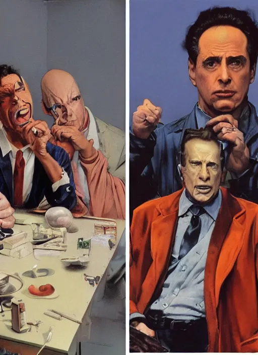 Image similar to a still from the tv series seinfeld and a still from the film avengers : infinty war of francis bacon and norman rockwell and james jean, a still from the movie godfather by mark brooks, triadic color scheme, by greg rutkowski, syd mead and edward hopper and norman rockwell and beksinski, dark surrealism, orange and turquoise