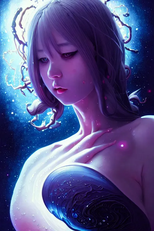 Prompt: azathoth girl wearing a dress made of milky way, seductive pose, occlusion shadow, specular reflection, rim light, unreal engine, artgerm, artstation, art by hiroaki samura and ilya kuvshinov and ossdraws, intricate, highly detailed 8 k, cosmic horror illustration, extremely beautiful shape of face and body