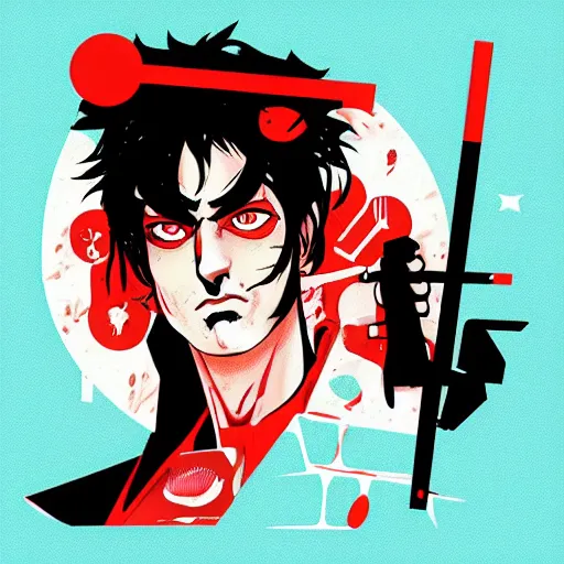 Image similar to Album Art for Playboi Carti as Black Madara, Ninja Scroll, Vector art, Geometric 3d shapes, Gang, Guns, Blood, red smoke, by Sachin Teng, Trending on artstation