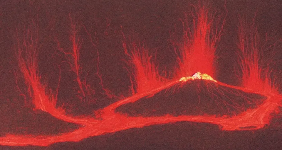 Image similar to a volcano made of ivory vines and crimson rocks enters in eruption, it spits a smoke in the shape of demonic eye, by James Gurney