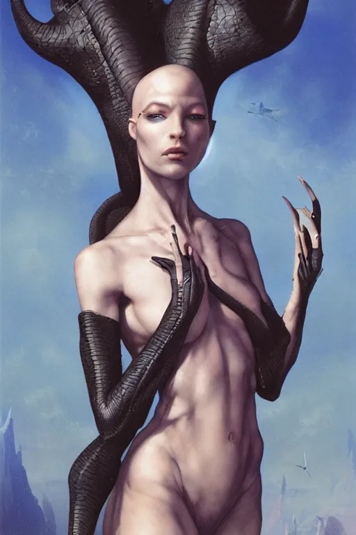 Prompt: a fashion editorial of a shaved black tiefling alien with scaled skin meditating. she is wearing a tactical suit and has many body modifications. by tom bagshaw, donato giancola, hans holbein, walton ford, gaston bussiere, brian froud, peter mohrbacher and magali villeneuve. 8 k, fashion editorial, cgsociety