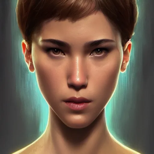 Image similar to Ava from Ex Machina (2014), intricate, headshot, highly detailed, digital painting, artstation, concept art, sharp focus, cinematic lighting, illustration, art by artgerm and greg rutkowski, alphonse mucha, cgsociety