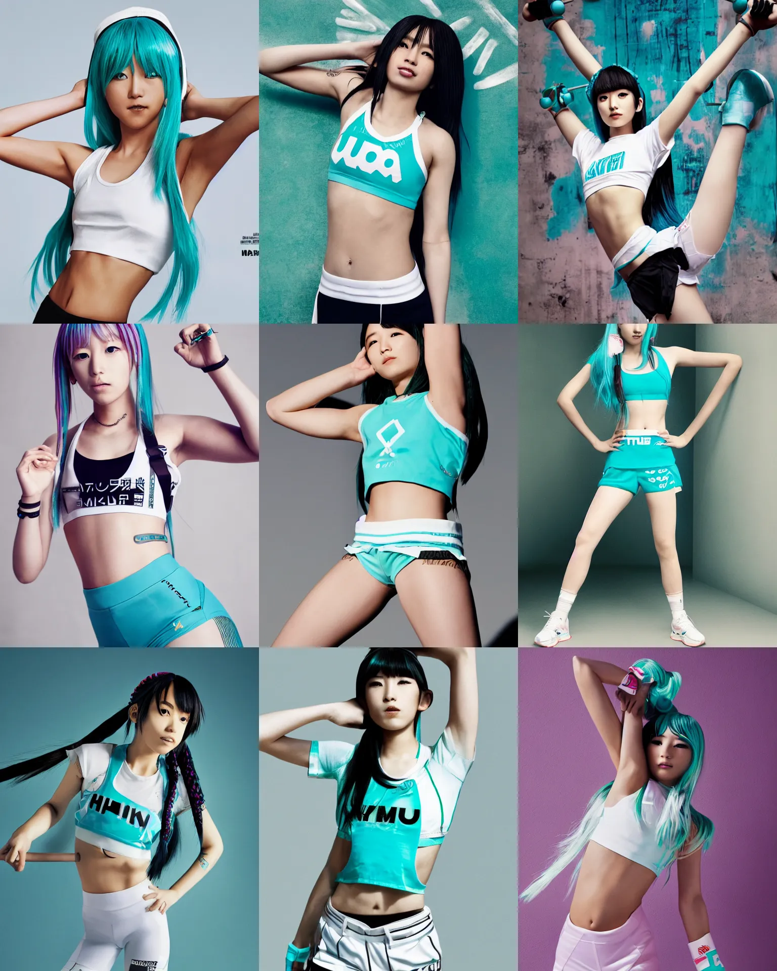 Prompt: hatsune miku wearing crop gym top with white lettering, crop yoga short, Advertising photography by Mario Testino, masterwork, cgstudio