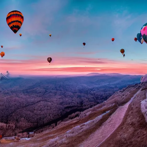 Prompt: panoramic picture taken with a wide angle lens from the top of a high mountain. hundreds of brightly coloured hot air balloons are floating in the sky. picture taken at sunset. simon stalenhag style, extremely detailed scenic, impressive lighting